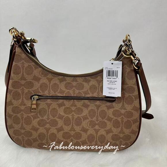 Coach Teri Hobo Bag Shoulder/Crossbody In Signature Canvas Tan/Brown CV940 NWT - Picture 3 of 10